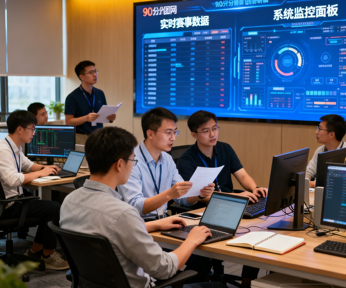 90比分网创始团队与技术研发人员在现代化办公室中协作工作的场景，大屏幕上显示实时赛事数据和系统监控面板，团队氛围专业而充满活力